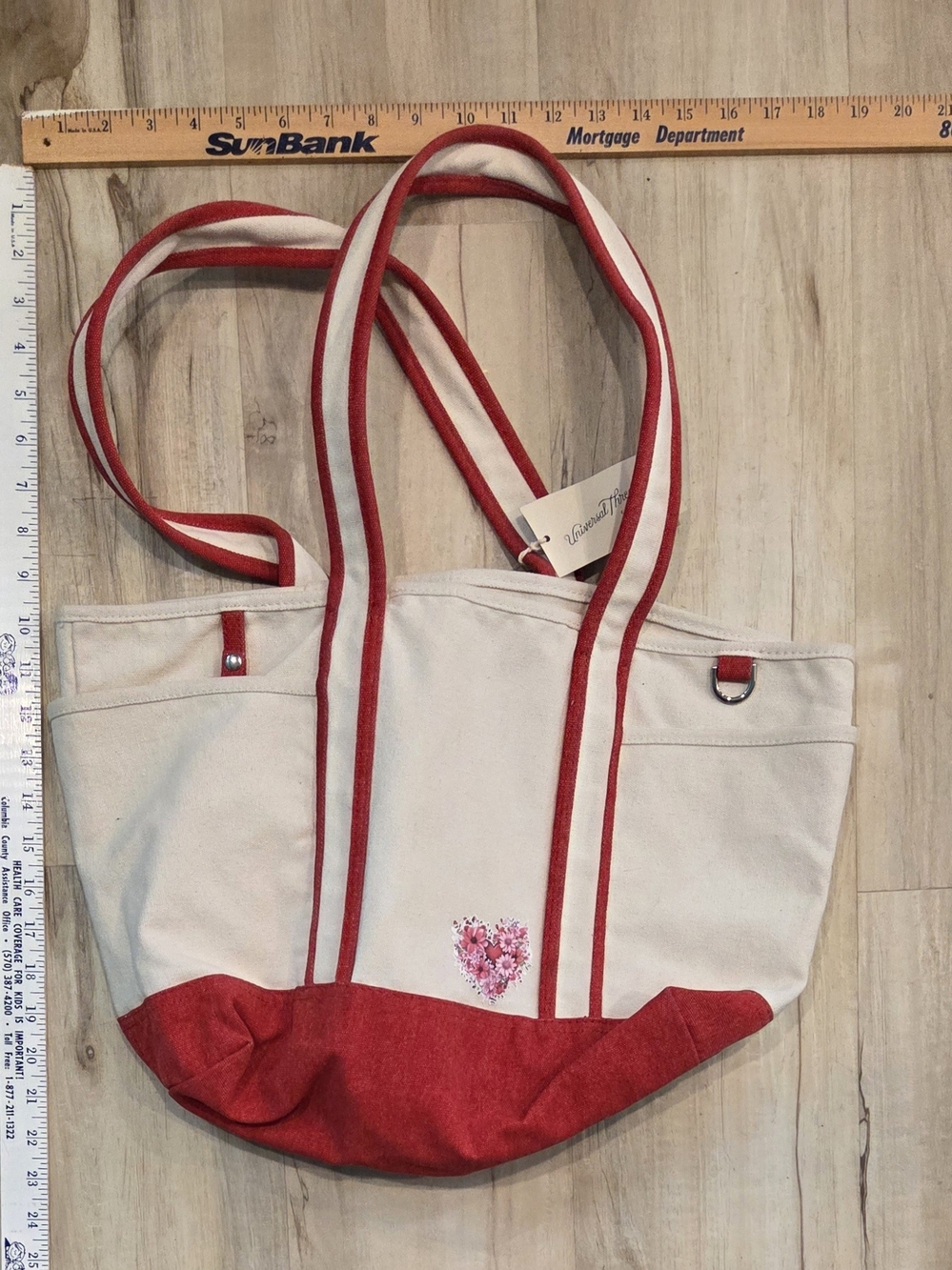 Universal Thread Cream Canvas Tote with Red Trim and Heart Detail